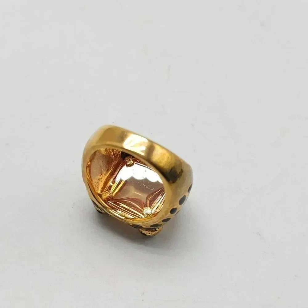 UNCAS Gold Vermeil Over Silver Black Enamel Spotted Leopard Peach Cab Ring Sze 7